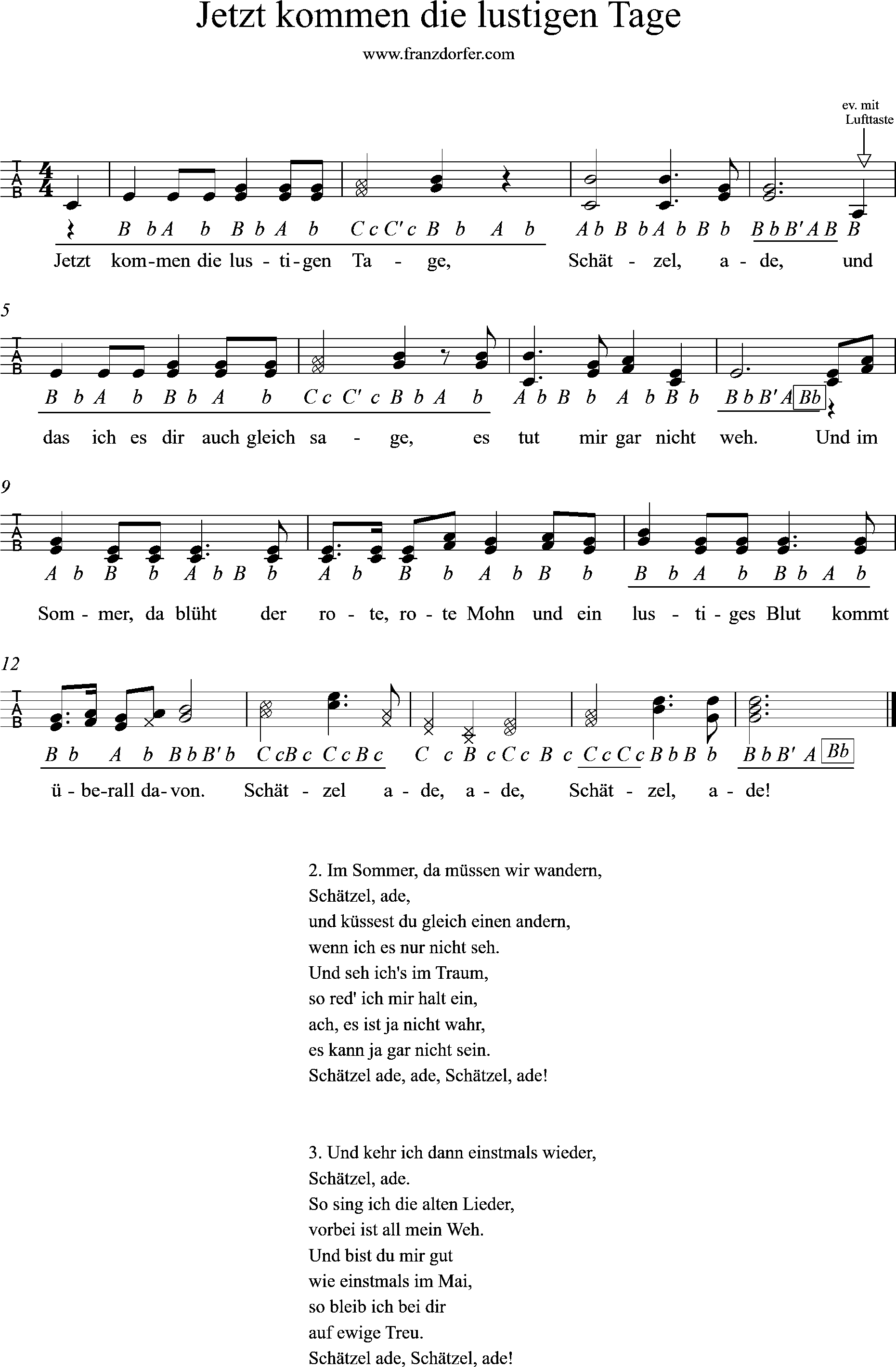 Ziach noten online, Jetzt kommen die lustigen Tage-griffschrift